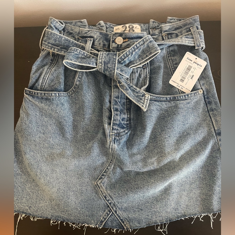 Free People East of Eden Medium Wash Denim Belted Mini Skirt - Picture 4 of 8